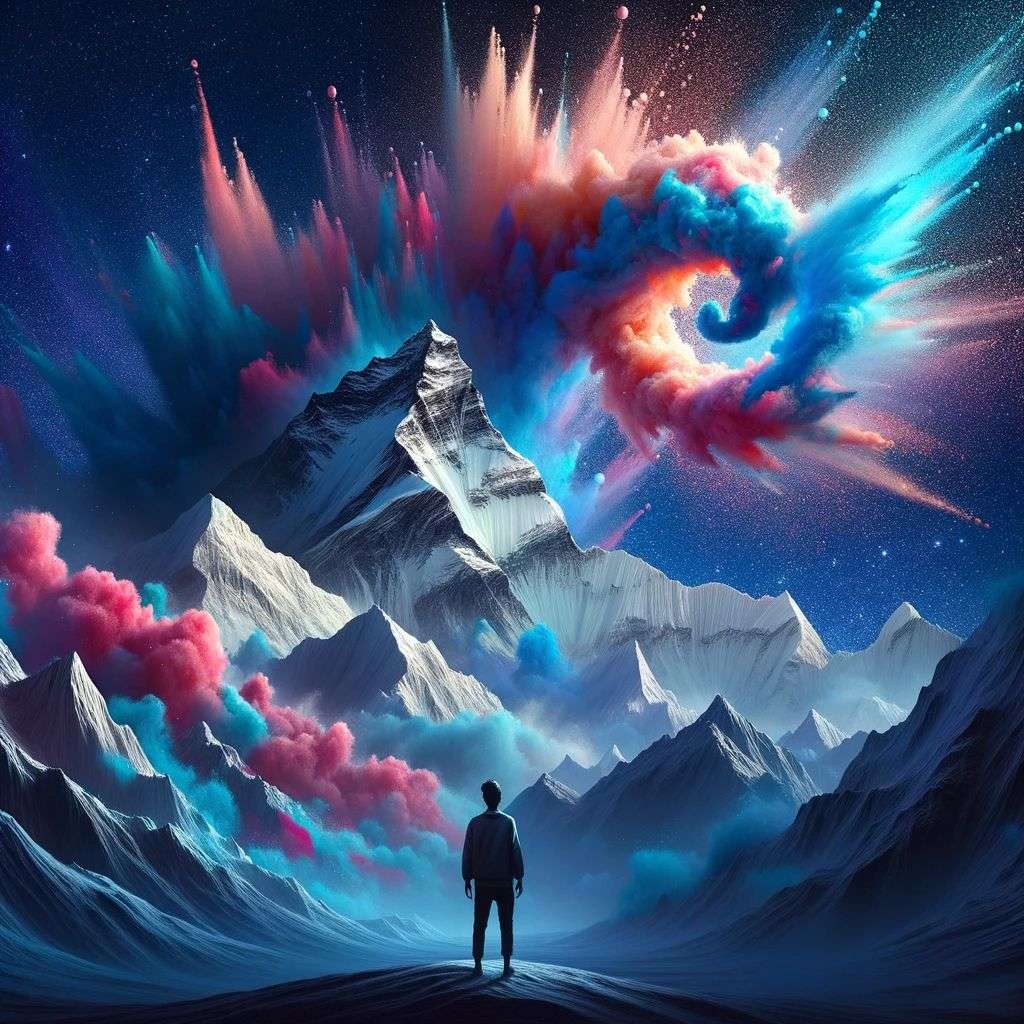 someone gazing at Mount Everest, made from a burst of colored powder, digital art